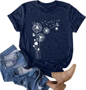Dandelion Graphic Tees for Women Cute Dandelion Tee Shirts Casual Crew Neck T Shirts 2024 Summer Basic Top Blouse