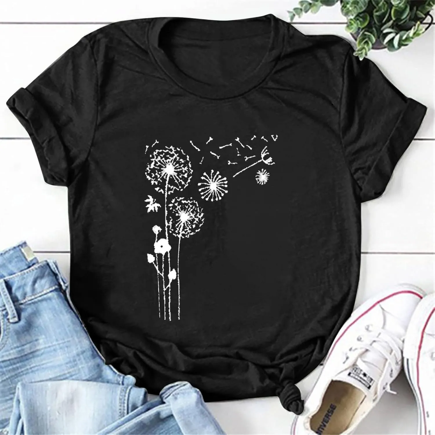 Dandelion Graphic Tees for Women Cute Dandelion Tee Shirts Casual Crew Neck T Shirts 2024 Summer Basic Top Blouse