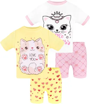 DAUGHTER QUEEN Girls Summer Pajamas Set 4 Pieces 100% Cotton Sleepwear Size 18 Months-12 Years