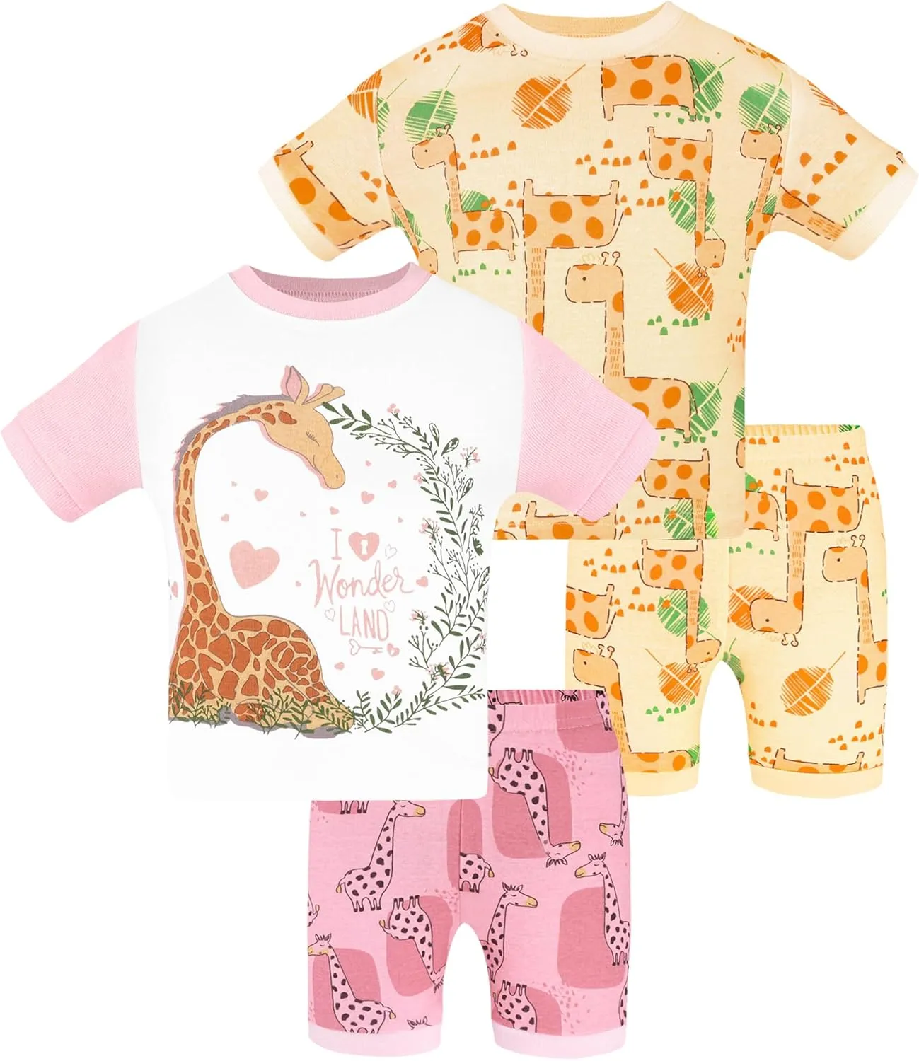 DAUGHTER QUEEN Girls Summer Pajamas Set 4 Pieces 100% Cotton Sleepwear Size 18 Months-12 Years