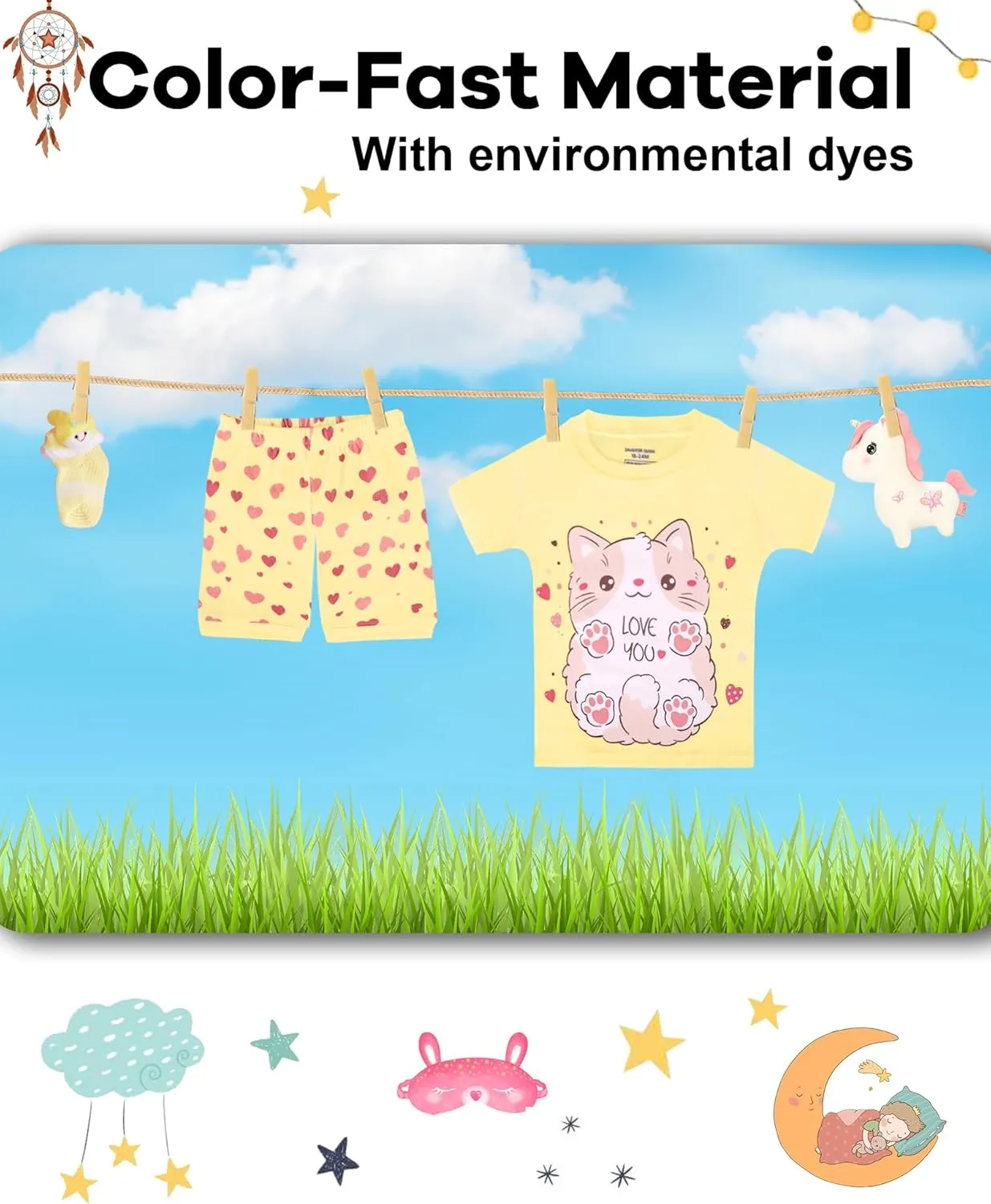 DAUGHTER QUEEN Girls Summer Pajamas Set 4 Pieces 100% Cotton Sleepwear Size 18 Months-12 Years