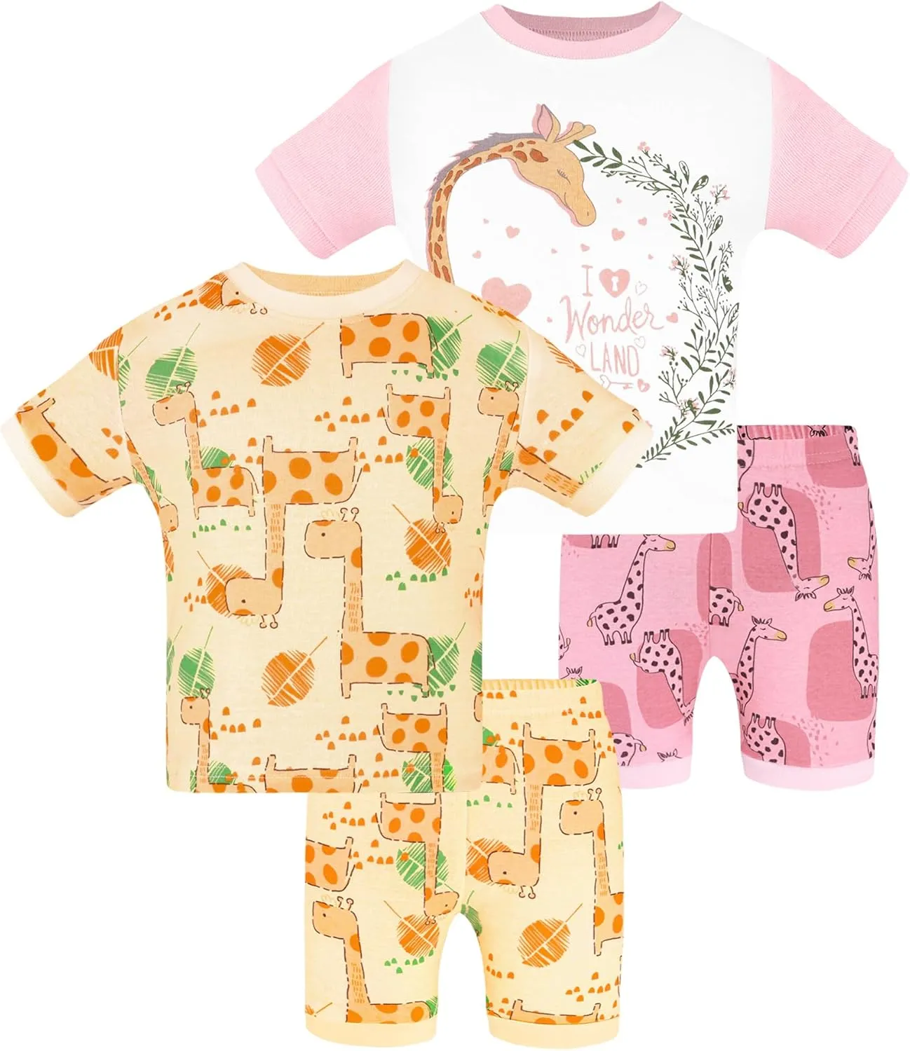 DAUGHTER QUEEN Girls Summer Pajamas Set 4 Pieces 100% Cotton Sleepwear Size 18 Months-12 Years