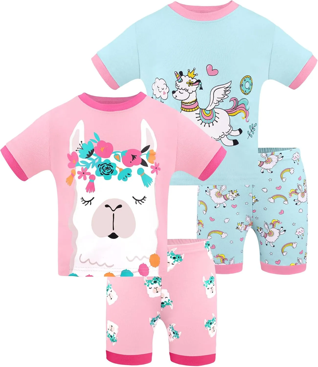 DAUGHTER QUEEN Girls Summer Pajamas Set 4 Pieces 100% Cotton Sleepwear Size 18 Months-12 Years