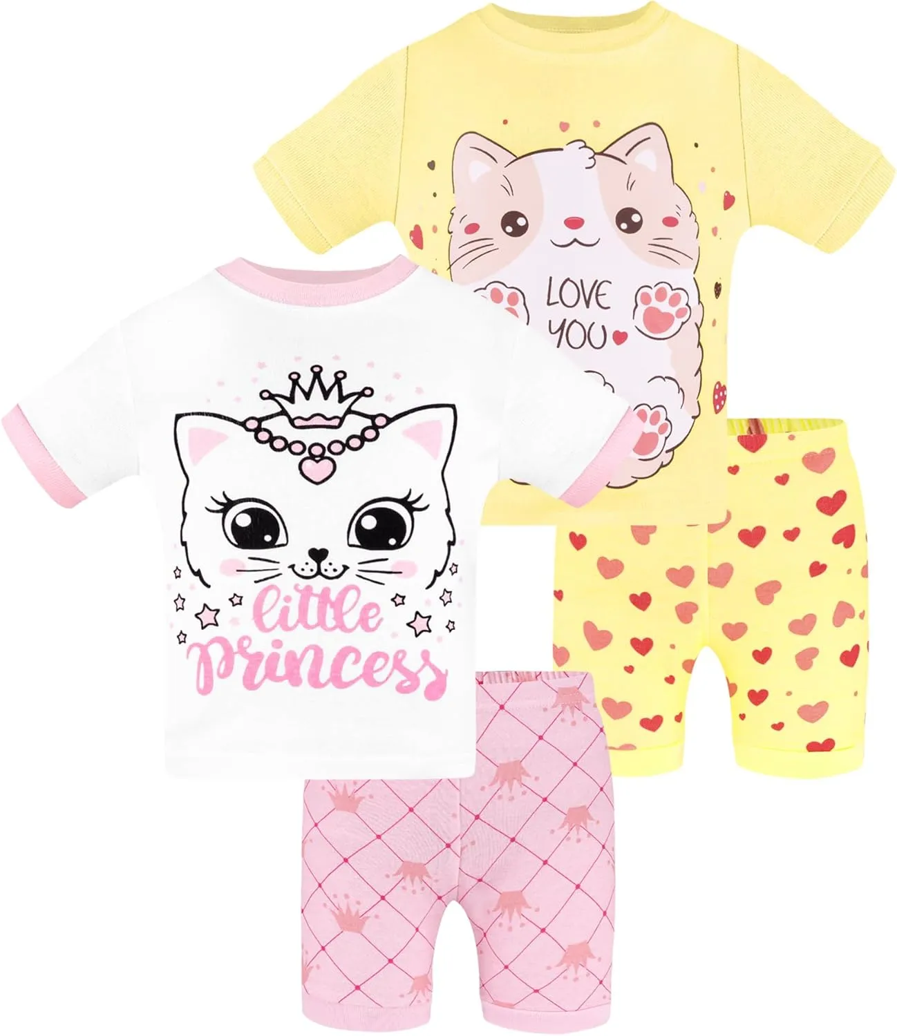 DAUGHTER QUEEN Girls Summer Pajamas Set 4 Pieces 100% Cotton Sleepwear Size 18 Months-12 Years