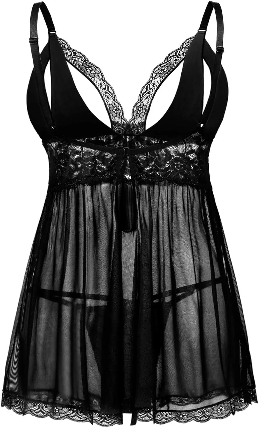 Donnalla Women Plus Size Lingerie - Sexy Split Cup Lace Babydoll Sleepwear Chemise Set 2XL,3XL,4XL
