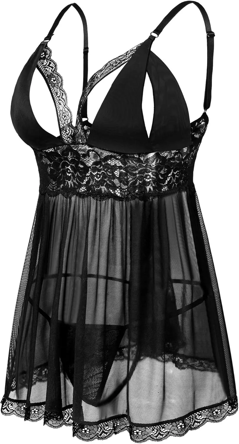 Donnalla Women Plus Size Lingerie - Sexy Split Cup Lace Babydoll Sleepwear Chemise Set 2XL,3XL,4XL