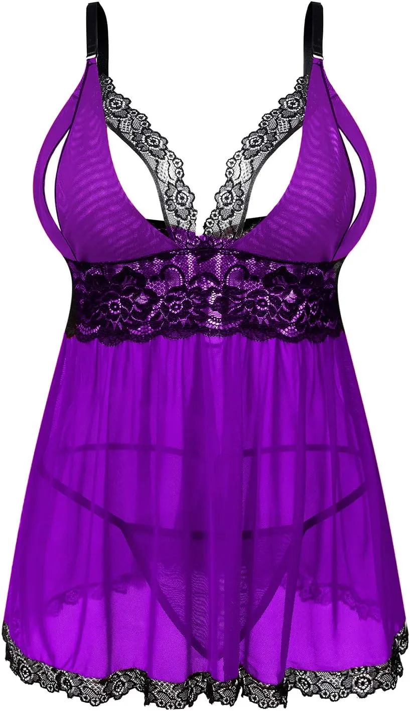 Donnalla Women Plus Size Lingerie - Sexy Split Cup Lace Babydoll Sleepwear Chemise Set 2XL,3XL,4XL
