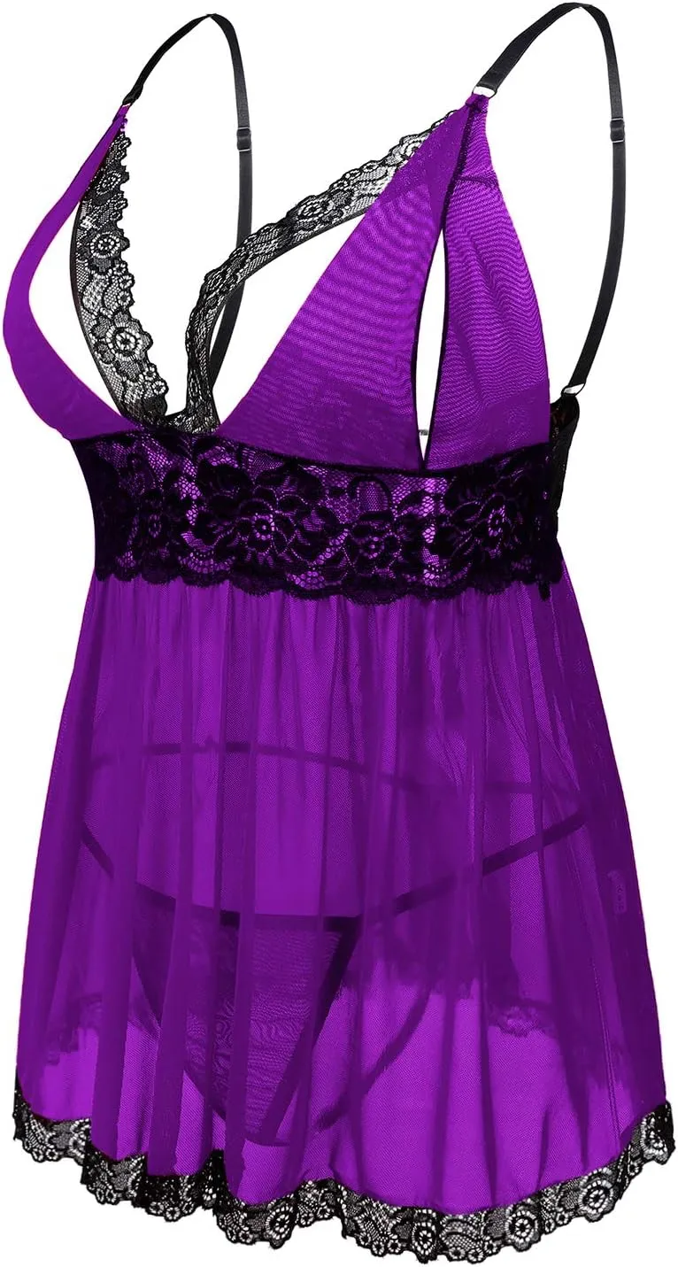 Donnalla Women Plus Size Lingerie - Sexy Split Cup Lace Babydoll Sleepwear Chemise Set 2XL,3XL,4XL