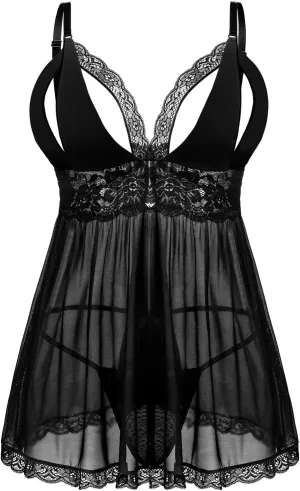 Donnalla Women Plus Size Lingerie - Sexy Split Cup Lace Babydoll Sleepwear Chemise Set 2XL,3XL,4XL