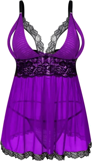 Donnalla Women Plus Size Lingerie - Sexy Split Cup Lace Babydoll Sleepwear Chemise Set 2XL,3XL,4XL