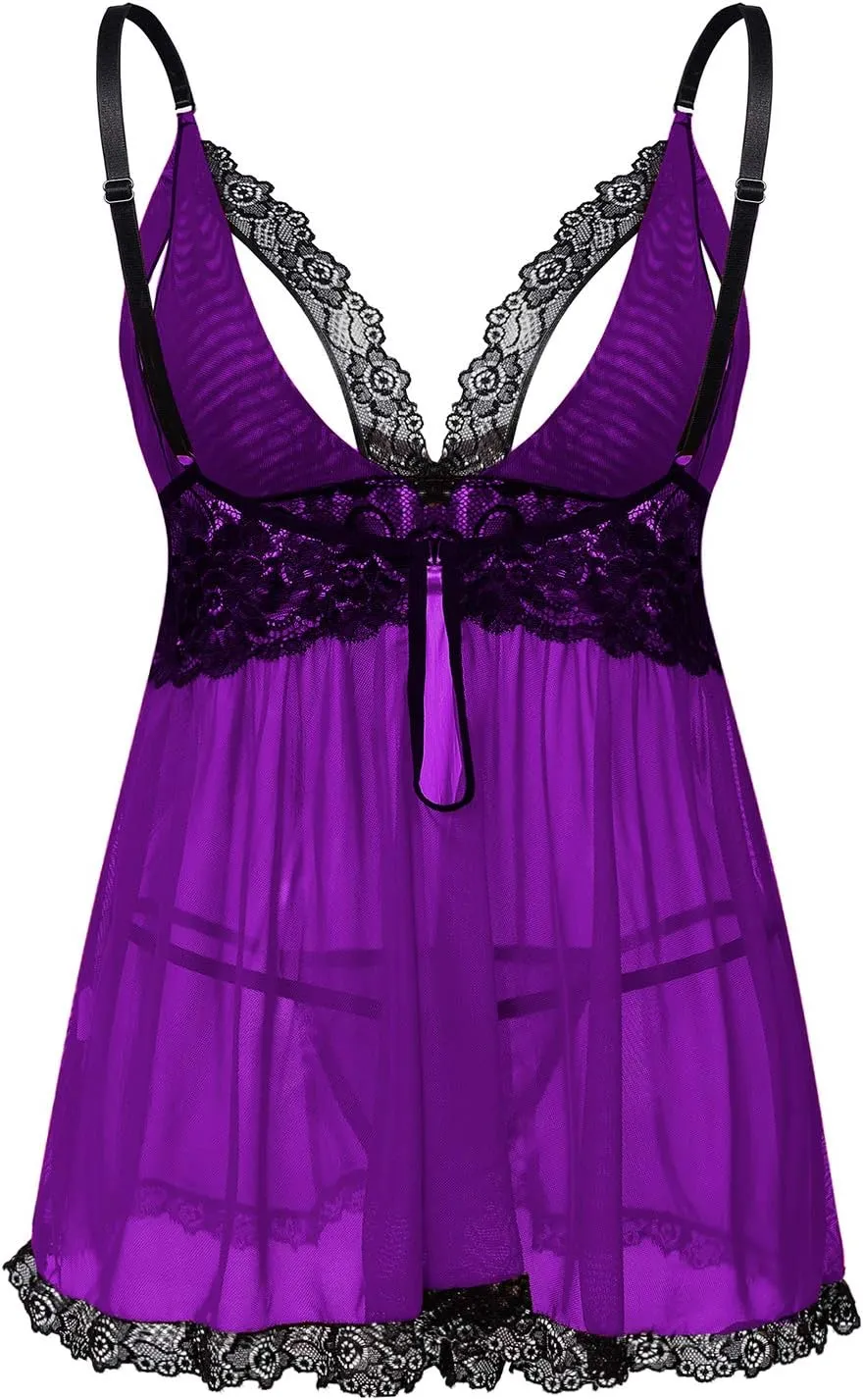 Donnalla Women Plus Size Lingerie - Sexy Split Cup Lace Babydoll Sleepwear Chemise Set 2XL,3XL,4XL