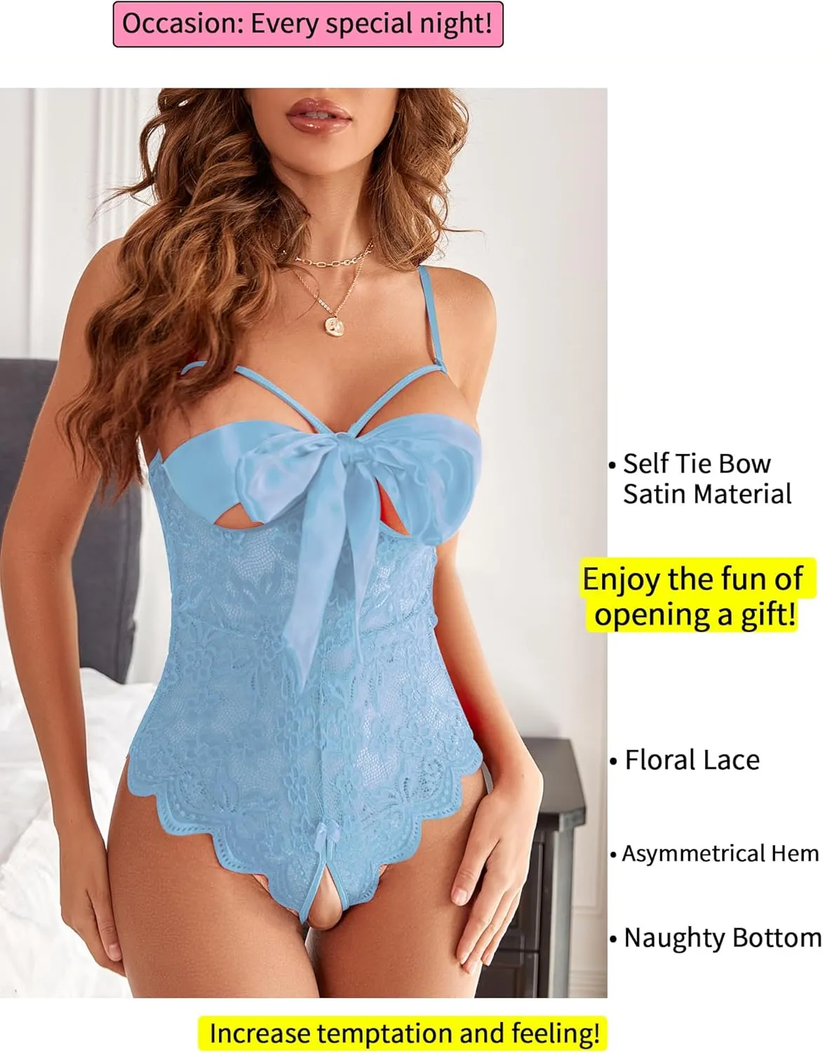 Donnalla Women Sexy Bodysuit Self Knot Front Floral Lace Teddy One Piece Babydoll Naughty Lingerie