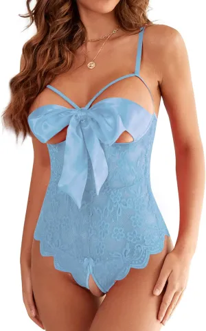 Donnalla Women Sexy Bodysuit Self Knot Front Floral Lace Teddy One Piece Babydoll Naughty Lingerie