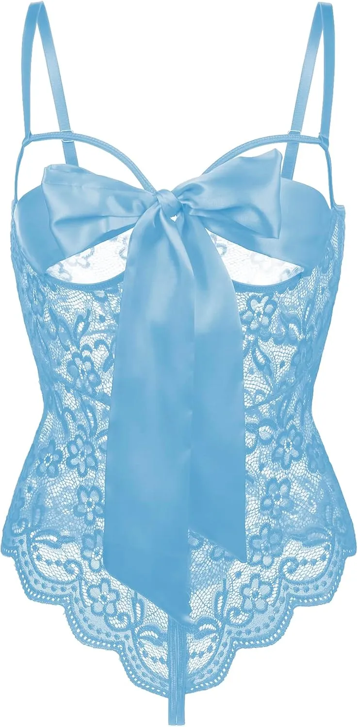 Donnalla Women Sexy Bodysuit Self Knot Front Floral Lace Teddy One Piece Babydoll Naughty Lingerie