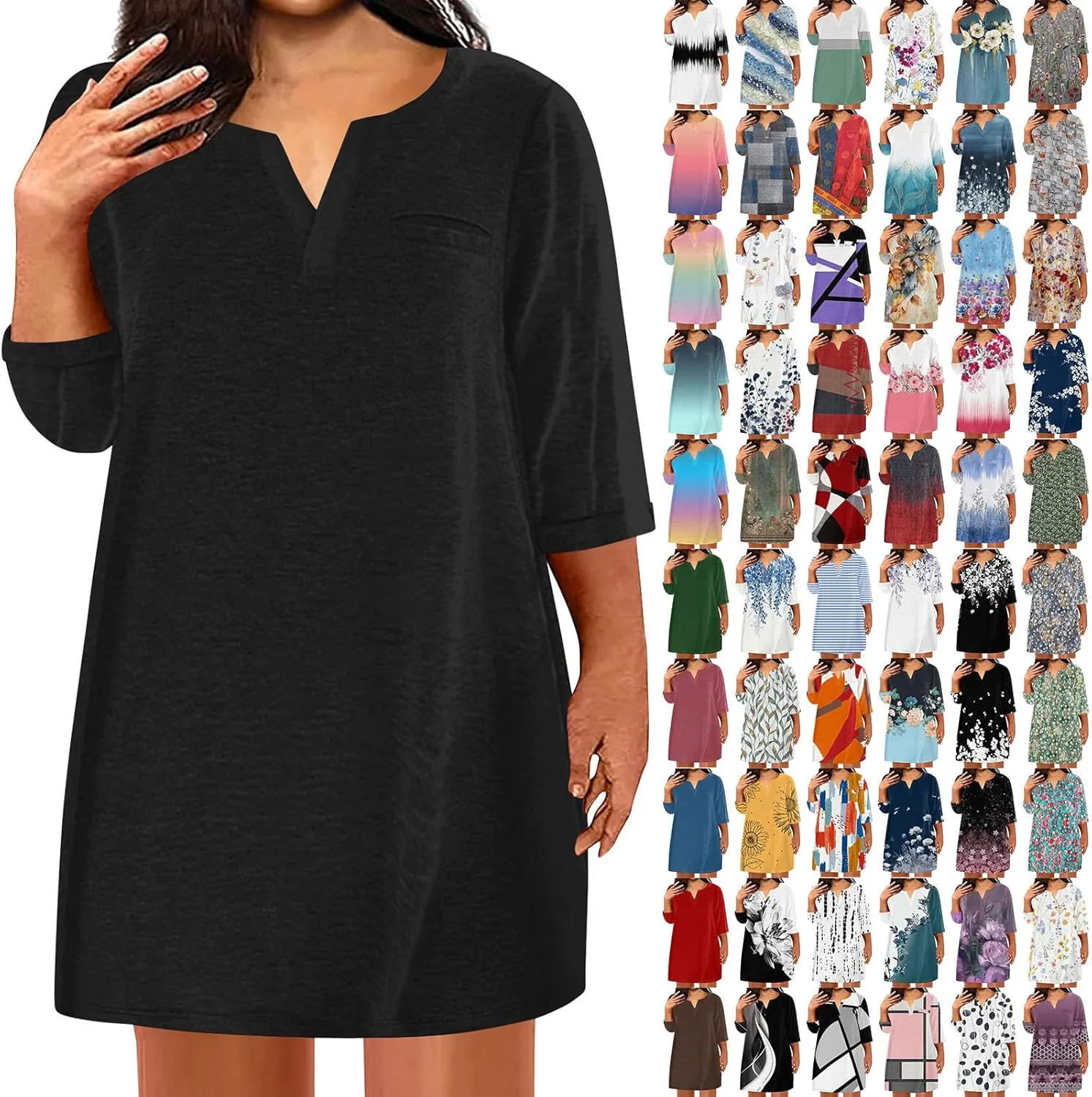 Dresses for Women 2024 Plus Szie 3/4 Length Sleeve Shirt Dress Trendy Loose Fit V Neck Sundress Casual Beach Dress