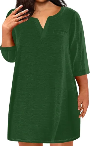 Dresses for Women 2024 Plus Szie 3/4 Length Sleeve Shirt Dress Trendy Loose Fit V Neck Sundress Casual Beach Dress