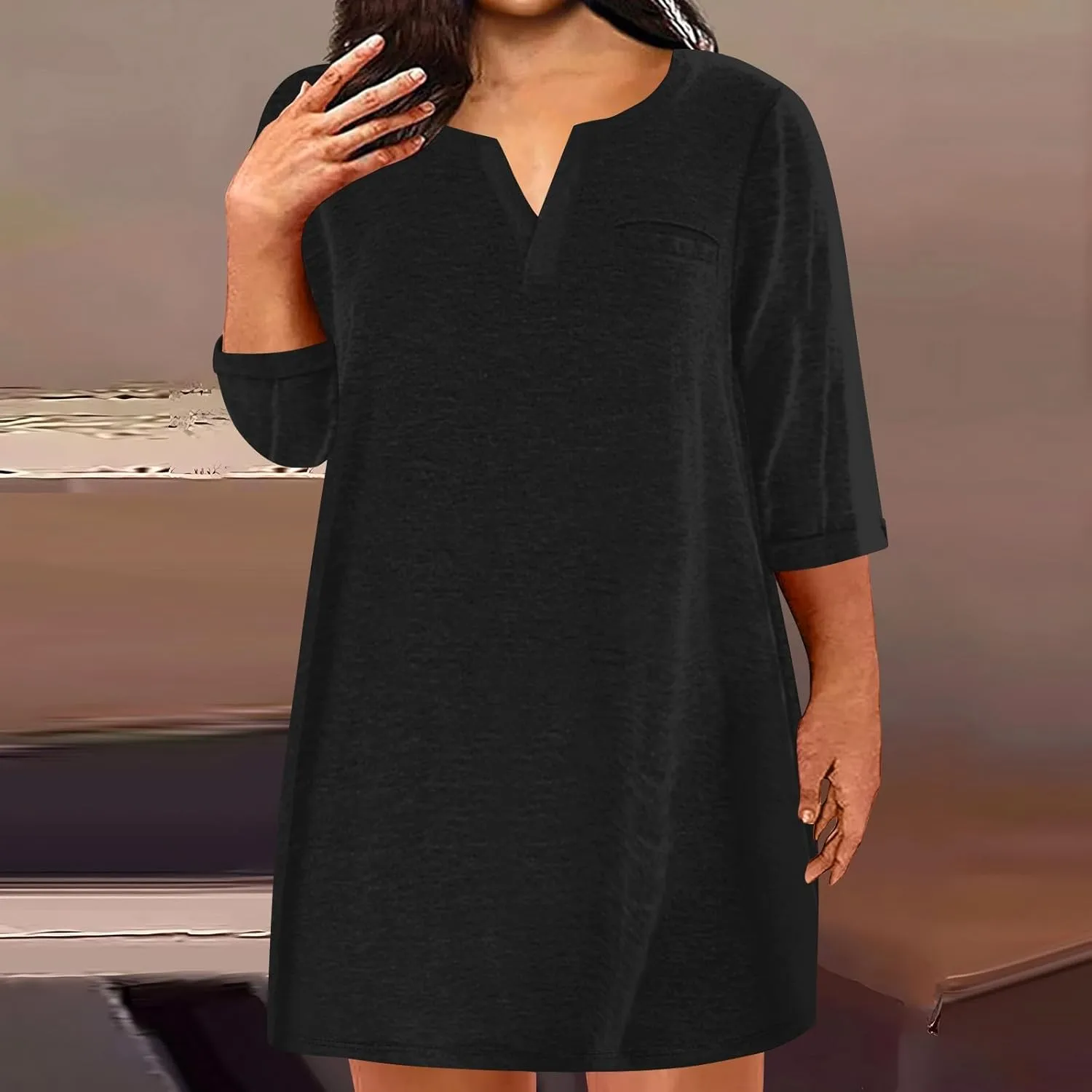 Dresses for Women 2024 Plus Szie 3/4 Length Sleeve Shirt Dress Trendy Loose Fit V Neck Sundress Casual Beach Dress