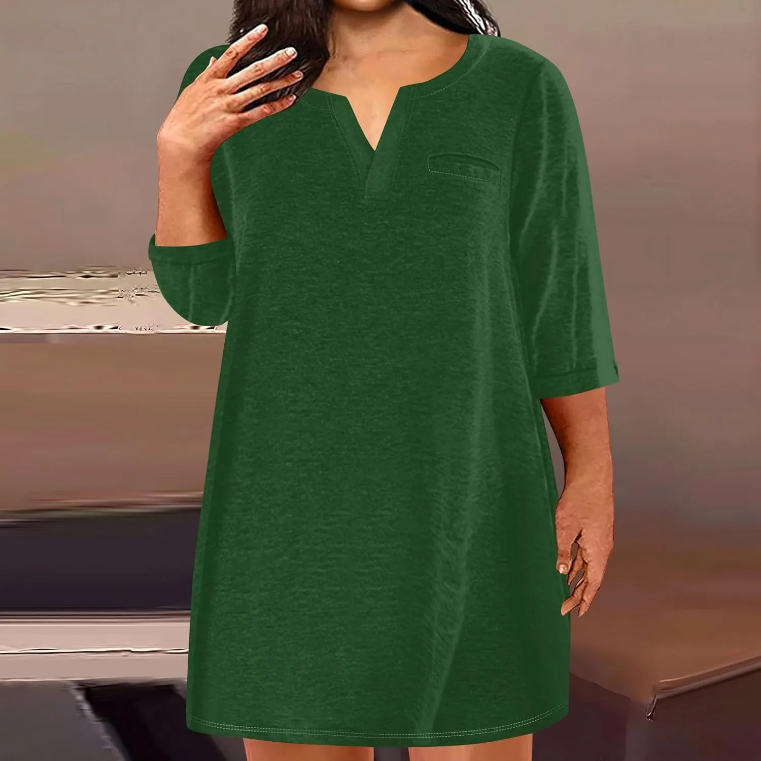 Dresses for Women 2024 Plus Szie 3/4 Length Sleeve Shirt Dress Trendy Loose Fit V Neck Sundress Casual Beach Dress