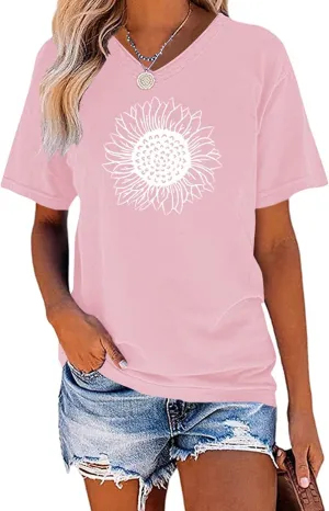 EADINVE Women's Summer Short Sleeve Cute Sunflower Graphic Printed Tee Vintage T Shirt Cotton Tops Novelty Cool Shirts