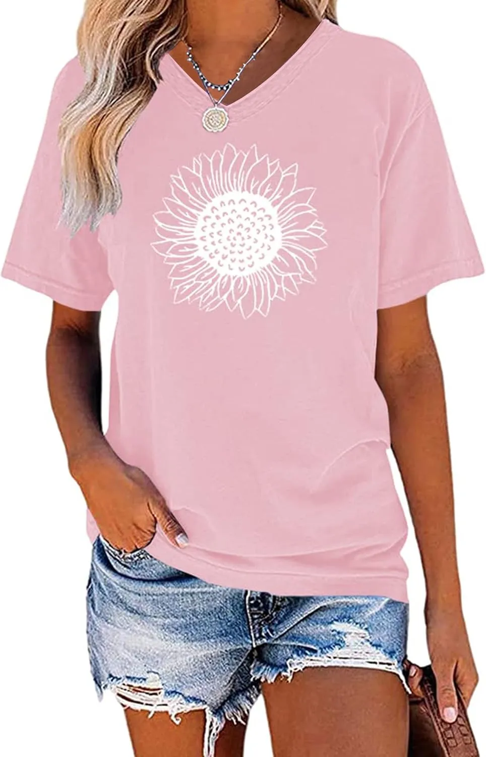 EADINVE Women's Summer Short Sleeve Cute Sunflower Graphic Printed Tee Vintage T Shirt Cotton Tops Novelty Cool Shirts