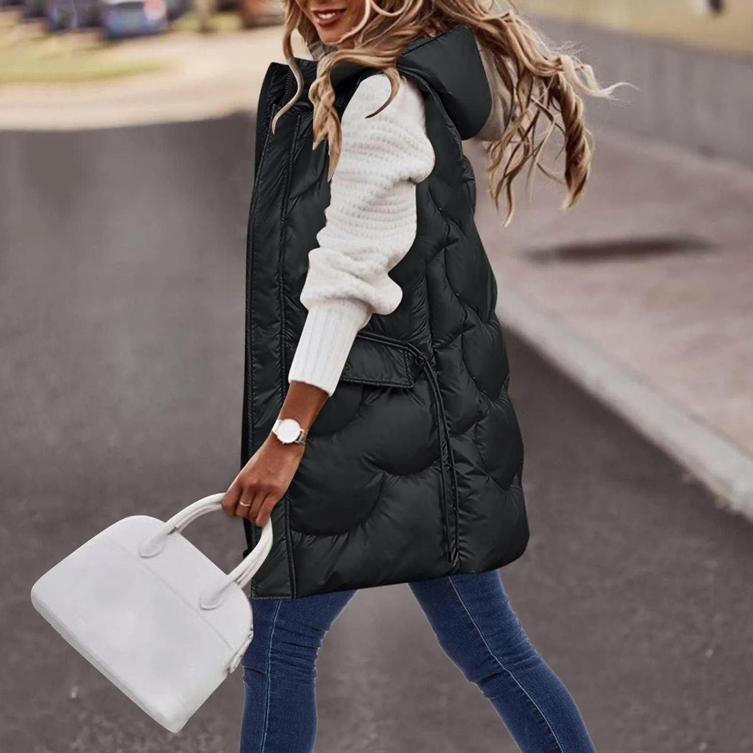 Eduavar Winter Coats for Women 2024 Puffer Jacket Womens with Hood Fashion Sleeveless Quilted Down Jacket with Pockets
