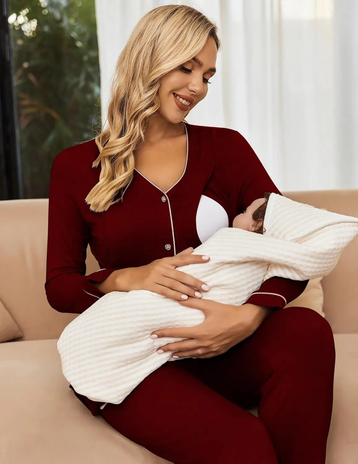 Ekouaer Maternity Pajama Set Button Down Nursing Pajamas Long Sleeve Breastfeeding Loungewear with Adjustable Pants