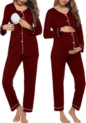 Ekouaer Maternity Pajama Set Button Down Nursing Pajamas Long Sleeve Breastfeeding Loungewear with Adjustable Pants