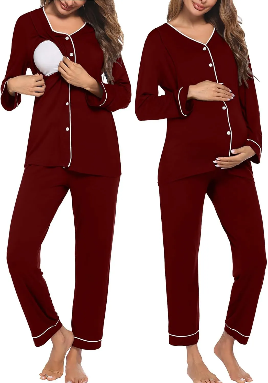 Ekouaer Maternity Pajama Set Button Down Nursing Pajamas Long Sleeve Breastfeeding Loungewear with Adjustable Pants