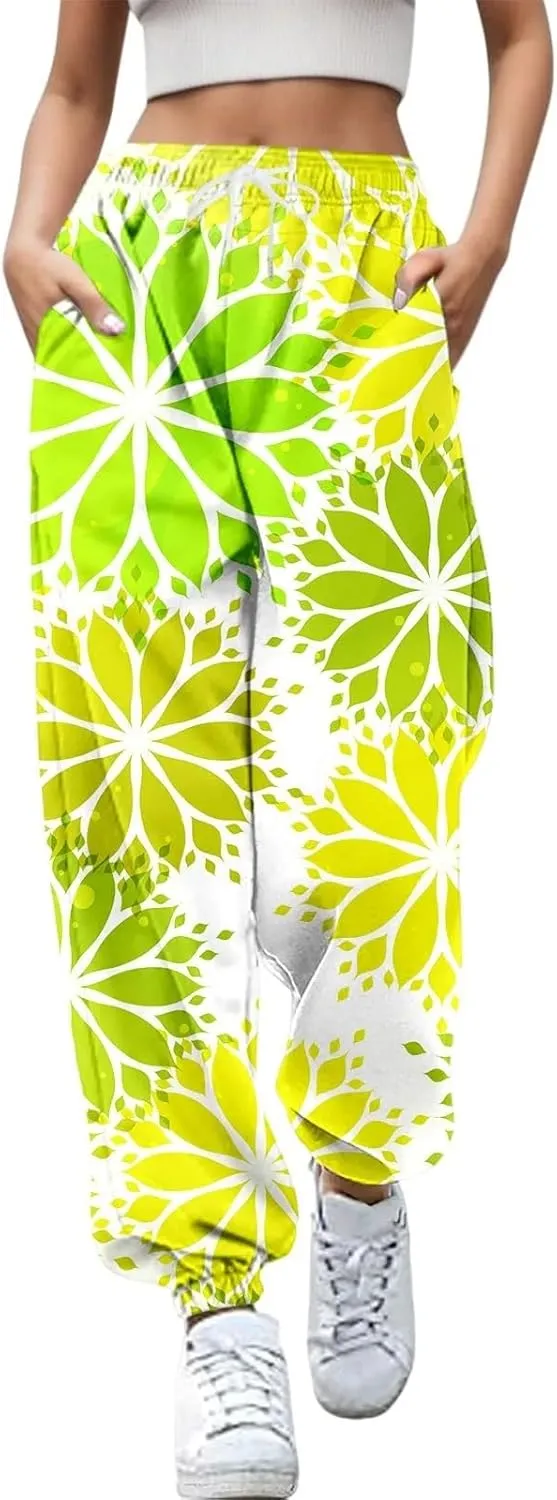 Elastic High Waisted Pants Womens Drawstring Straight Leg Trousers with Pockets Flower Print Pants Bunched Feet Pants