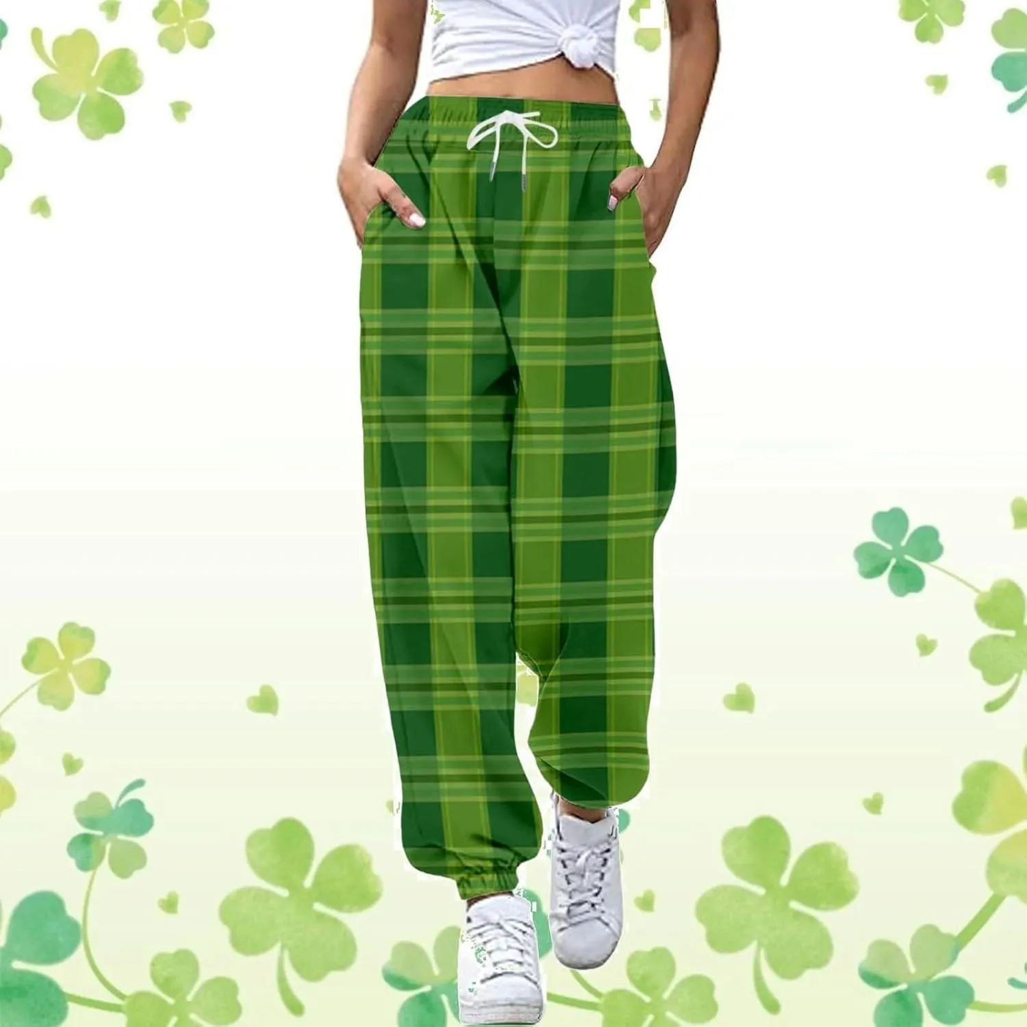 Elastic High Waisted Pants Womens Drawstring Straight Leg Trousers with Pockets Flower Print Pants Bunched Feet Pants