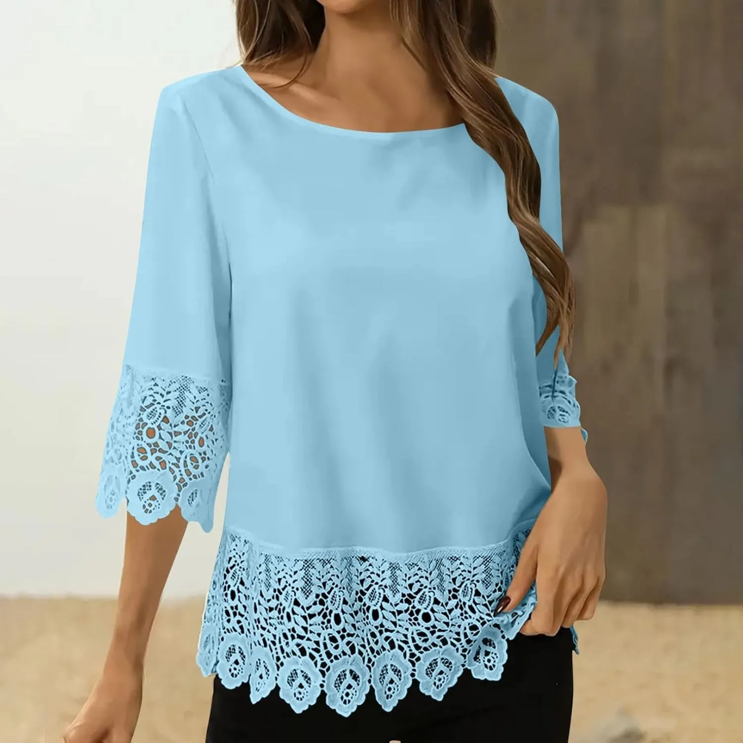 Elegant Floral Lace T-Shirts for Women 3/4 Sleeve Crewneck Fashion Patchwork Tops Summer Casual Loose Fit Blouses