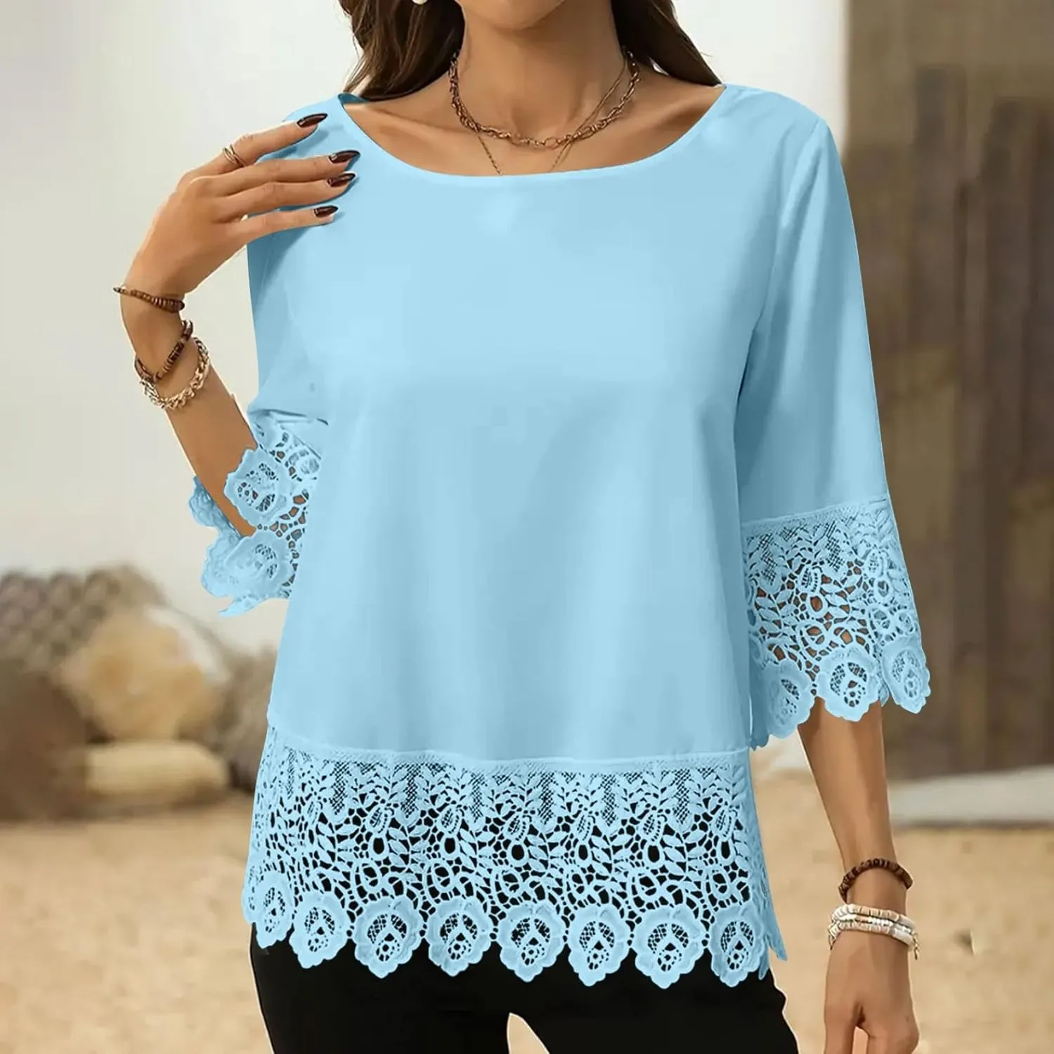 Elegant Floral Lace T-Shirts for Women 3/4 Sleeve Crewneck Fashion Patchwork Tops Summer Casual Loose Fit Blouses