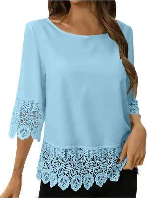 Elegant Floral Lace T-Shirts for Women 3/4 Sleeve Crewneck Fashion Patchwork Tops Summer Casual Loose Fit Blouses