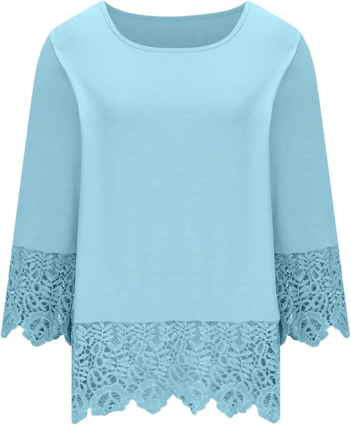 Elegant Floral Lace T-Shirts for Women 3/4 Sleeve Crewneck Fashion Patchwork Tops Summer Casual Loose Fit Blouses