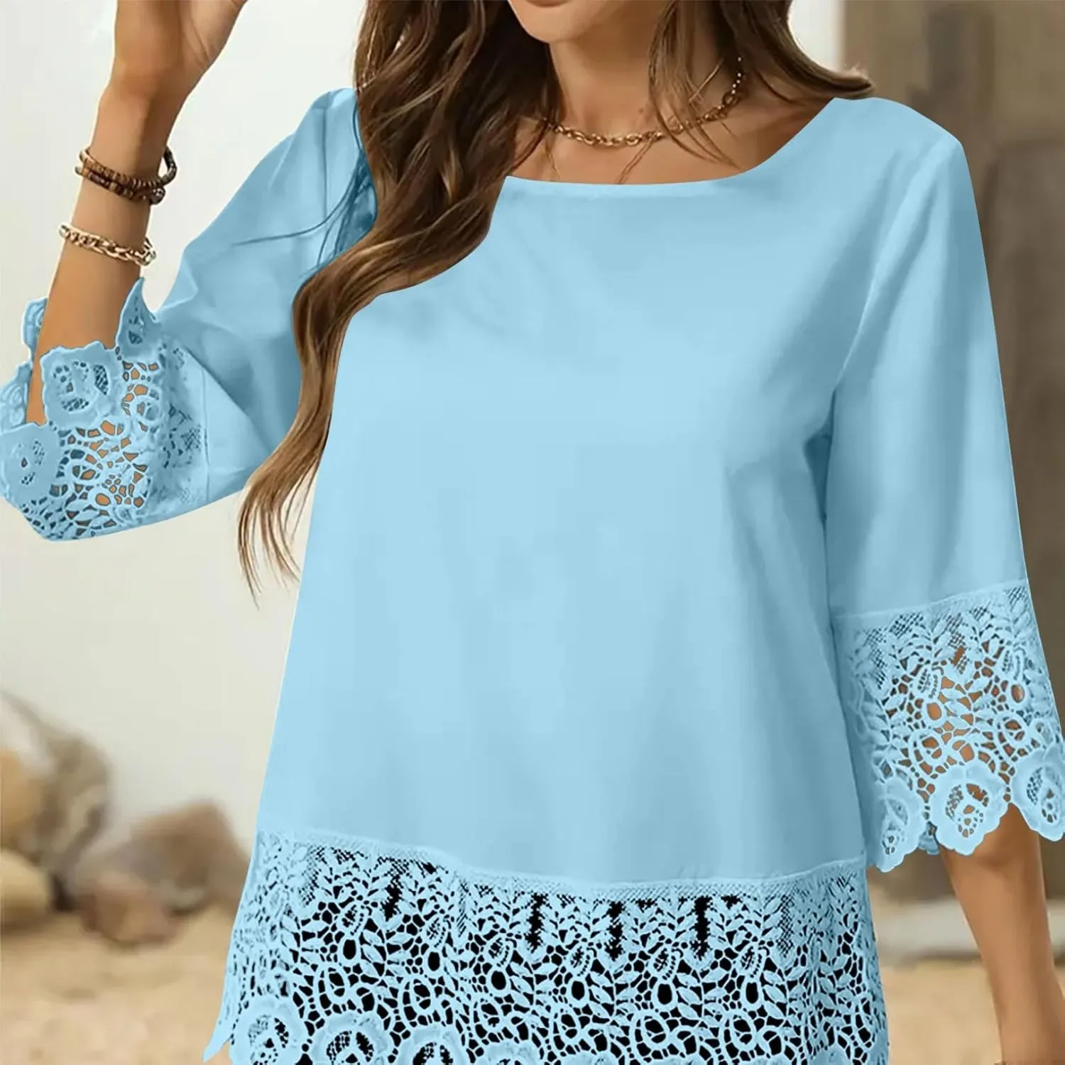 Elegant Floral Lace T-Shirts for Women 3/4 Sleeve Crewneck Fashion Patchwork Tops Summer Casual Loose Fit Blouses