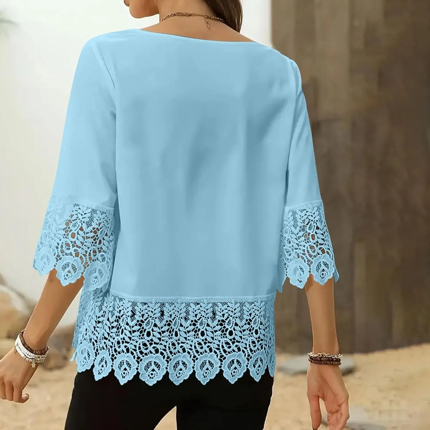 Elegant Floral Lace T-Shirts for Women 3/4 Sleeve Crewneck Fashion Patchwork Tops Summer Casual Loose Fit Blouses