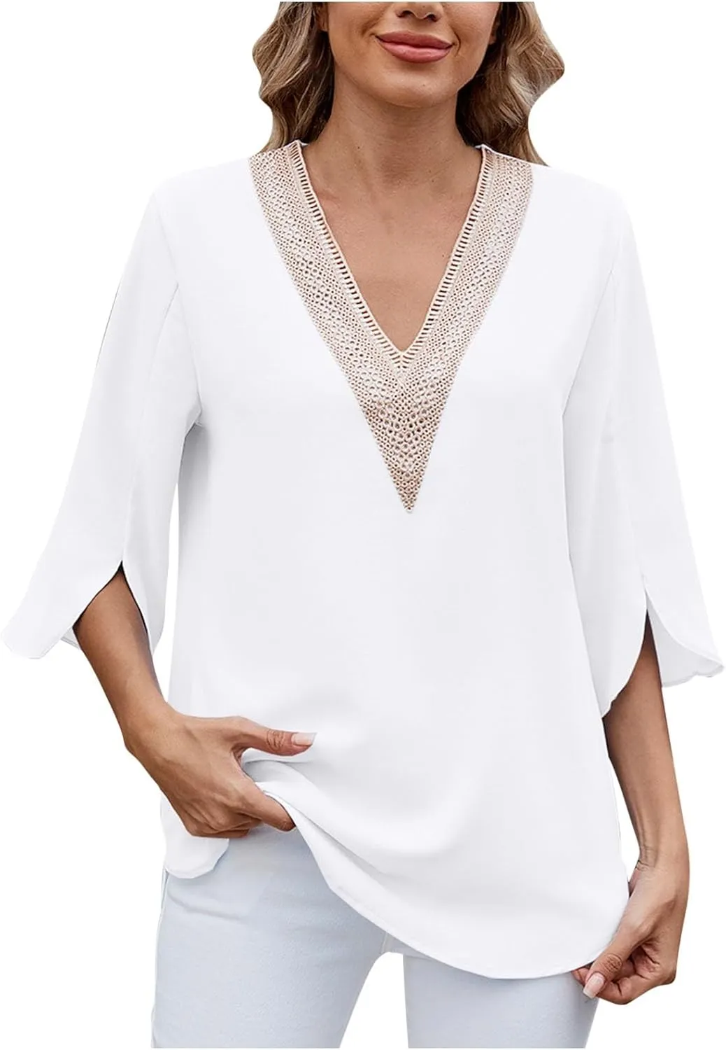 Elegant Guipure Lace V Neck T-Shirt Women Summer Slit Half Sleeve Comfy Tunic Tops Fashion Casual Loose Fit Blouses