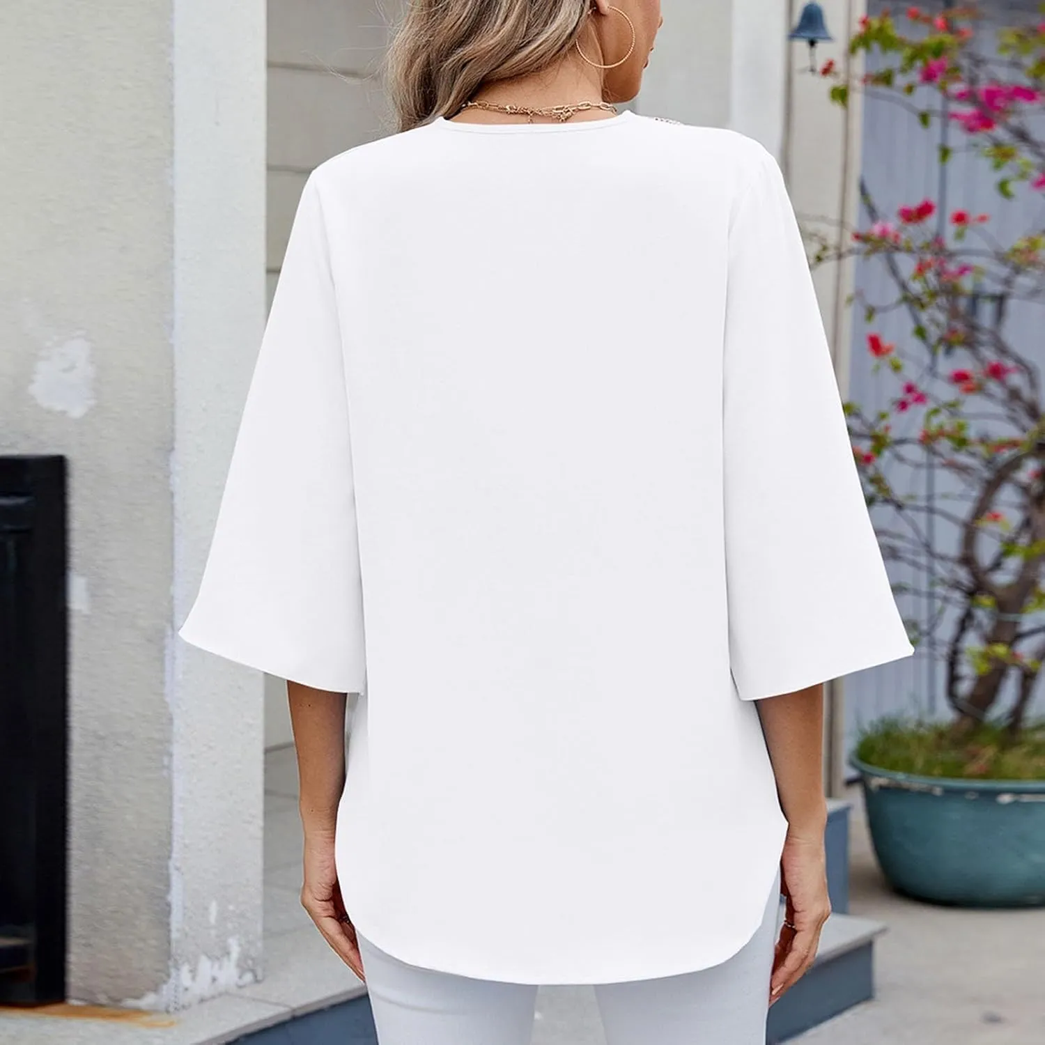 Elegant Guipure Lace V Neck T-Shirt Women Summer Slit Half Sleeve Comfy Tunic Tops Fashion Casual Loose Fit Blouses