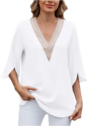 Elegant Guipure Lace V Neck T-Shirt Women Summer Slit Half Sleeve Comfy Tunic Tops Fashion Casual Loose Fit Blouses
