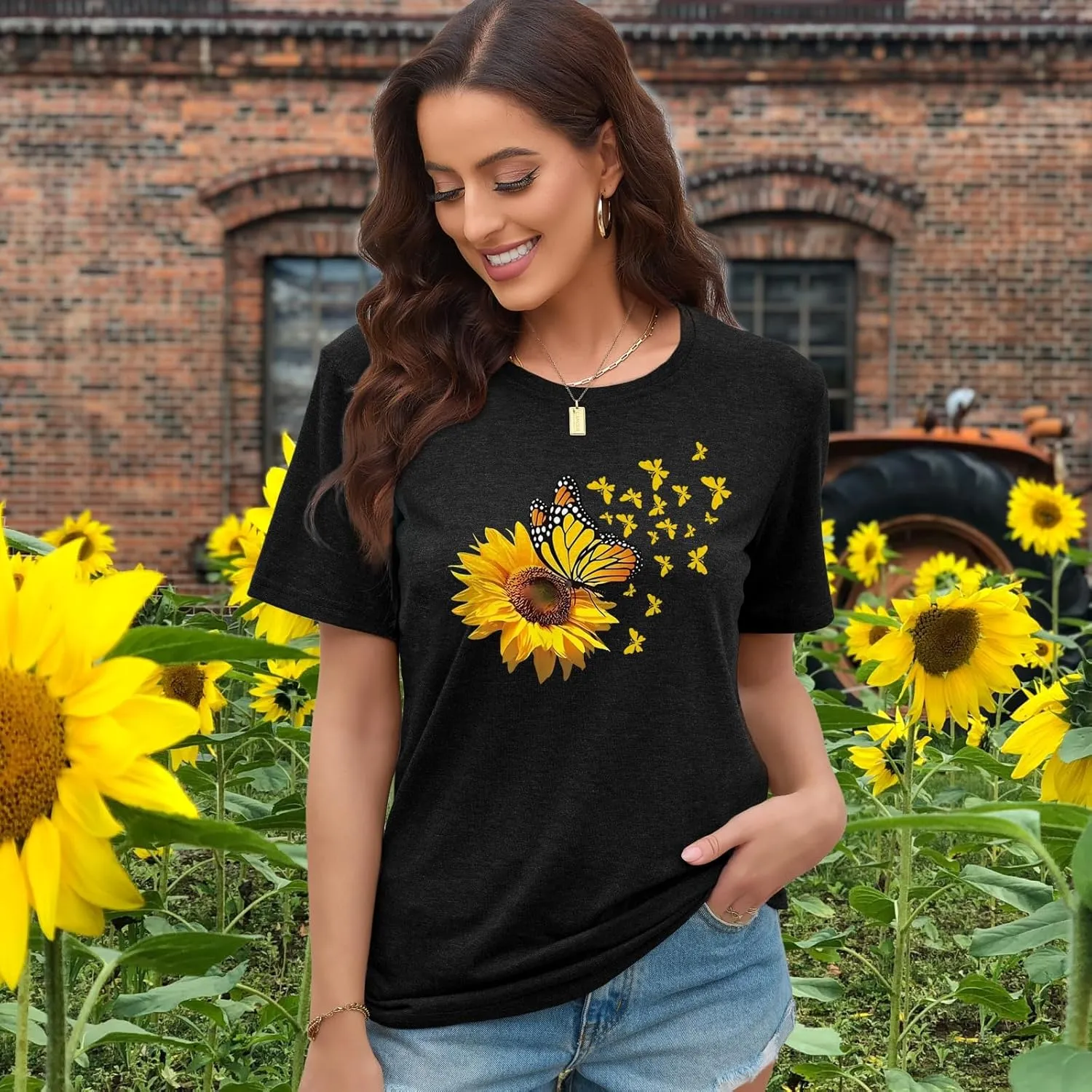 EUOW Women's Sunflower Graphic Shirts Boho Flowers Tee Tops Cute Summer Vintage Short Sleeve Holiday T Shirt