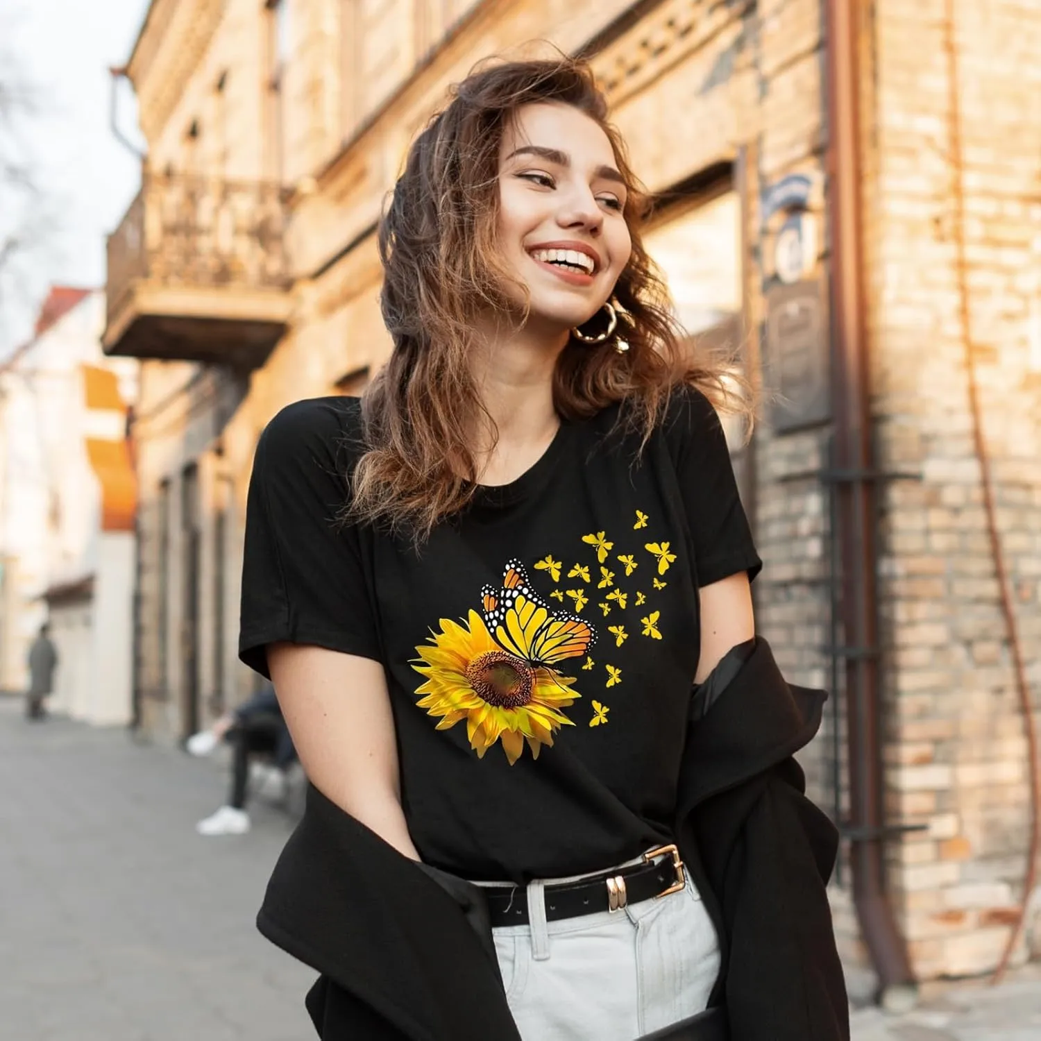 EUOW Women's Sunflower Graphic Shirts Boho Flowers Tee Tops Cute Summer Vintage Short Sleeve Holiday T Shirt