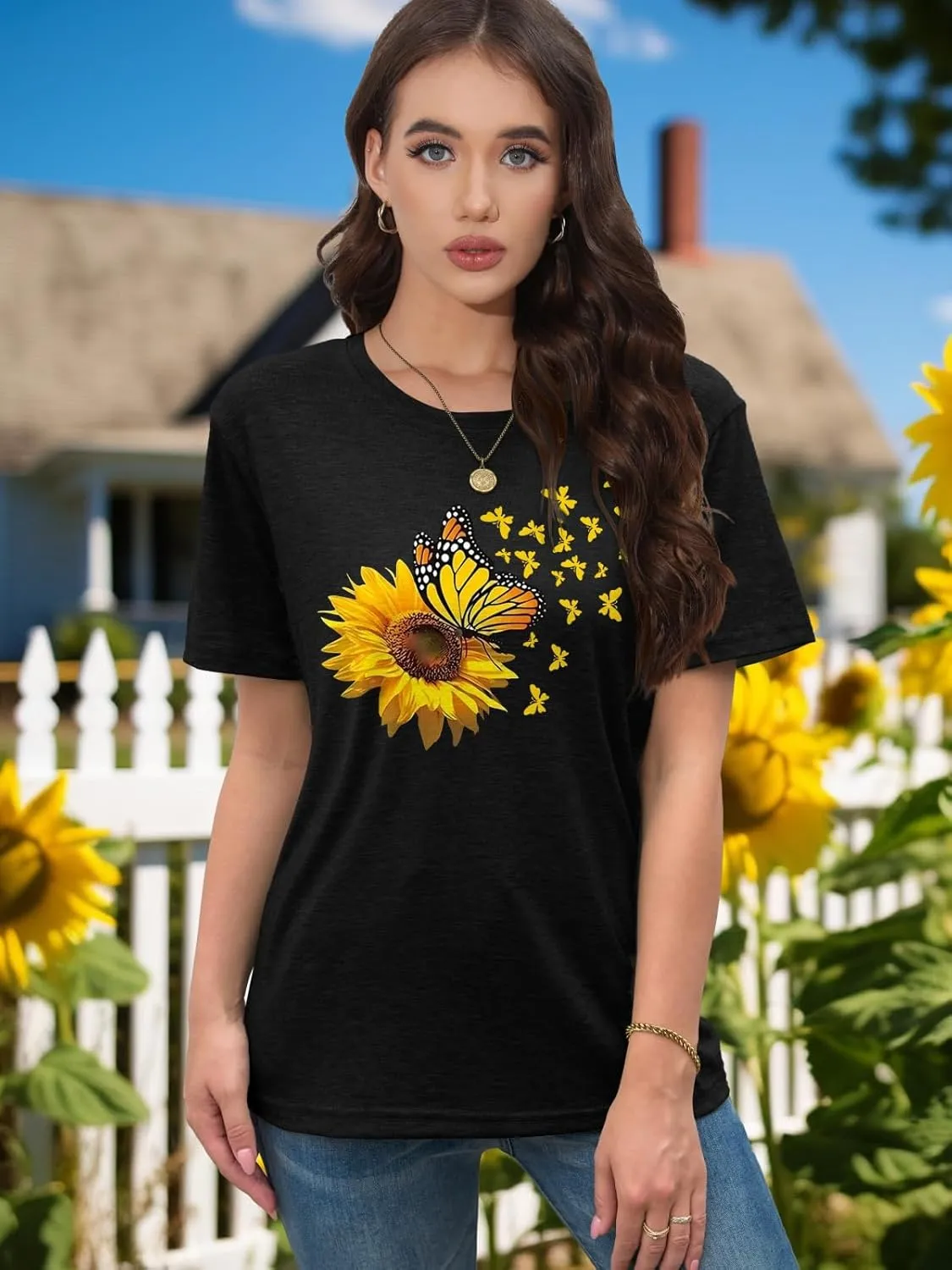 EUOW Women's Sunflower Graphic Shirts Boho Flowers Tee Tops Cute Summer Vintage Short Sleeve Holiday T Shirt