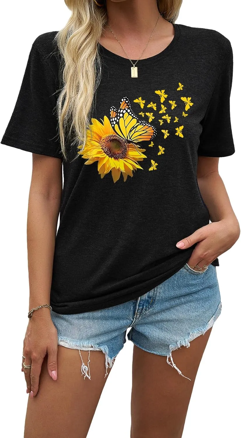 EUOW Women's Sunflower Graphic Shirts Boho Flowers Tee Tops Cute Summer Vintage Short Sleeve Holiday T Shirt