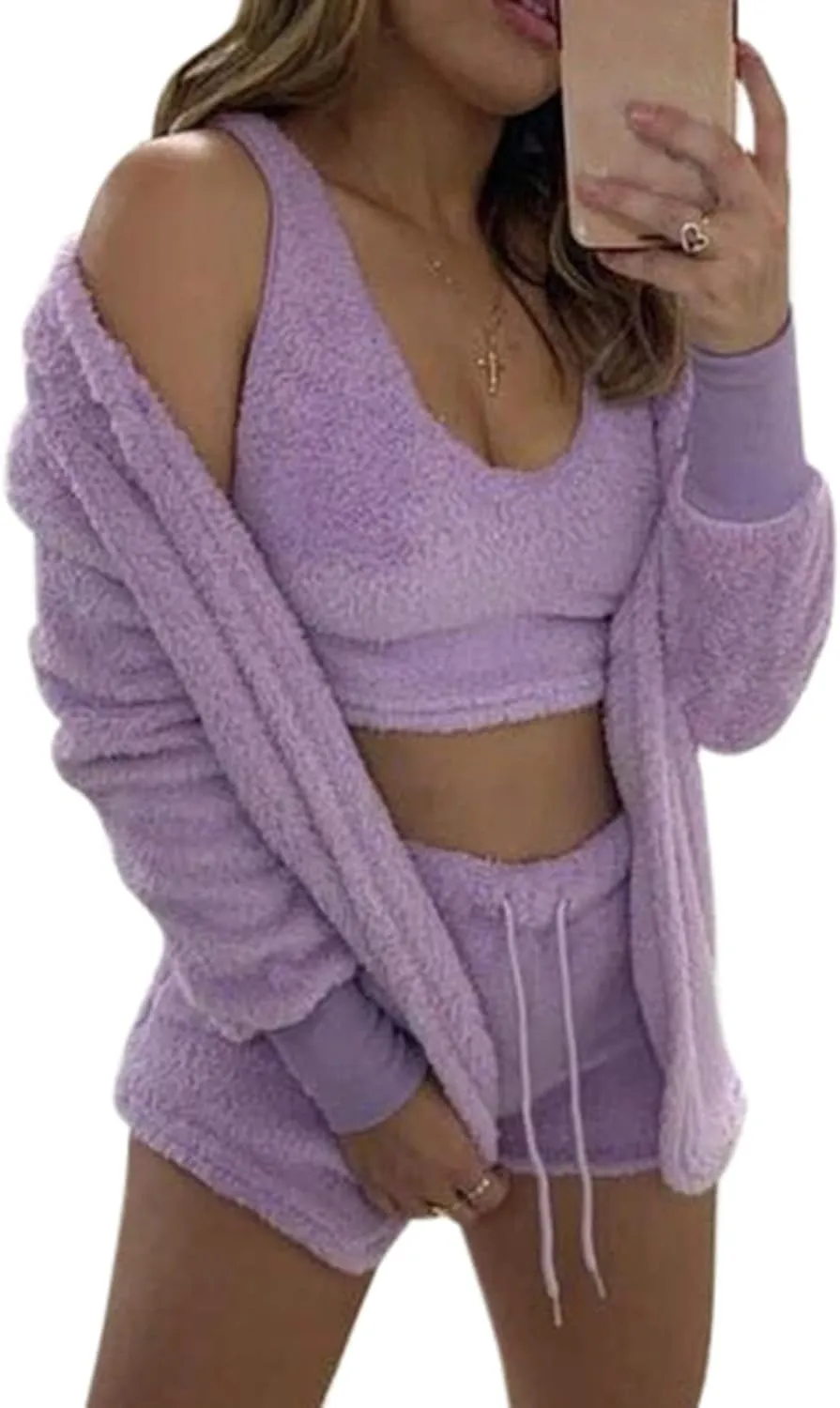 Famnbro Women's Sexy Fuzzy 3 Piece Outfits Fleece Warm Hooded Cardigan Crop Top Shorts Set Pajamas Loungewear