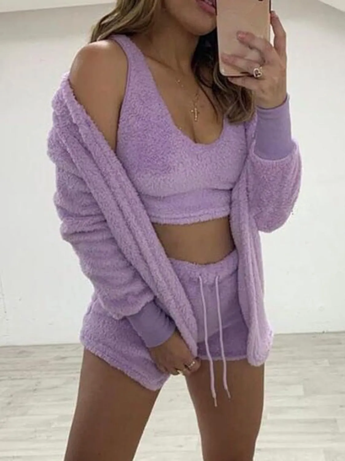Famnbro Women's Sexy Fuzzy 3 Piece Outfits Fleece Warm Hooded Cardigan Crop Top Shorts Set Pajamas Loungewear