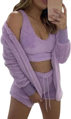 Famnbro Women's Sexy Fuzzy 3 Piece Outfits Fleece Warm Hooded Cardigan Crop Top Shorts Set Pajamas Loungewear