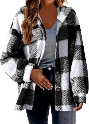 Fashion Plaid Plush Winter Coats for Women Button Hooded Jackets Long Sleeve Pullover Plus Size Shacket Jacket