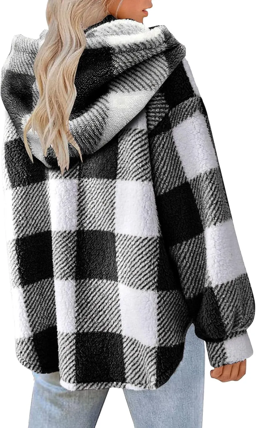 Fashion Plaid Plush Winter Coats for Women Button Hooded Jackets Long Sleeve Pullover Plus Size Shacket Jacket