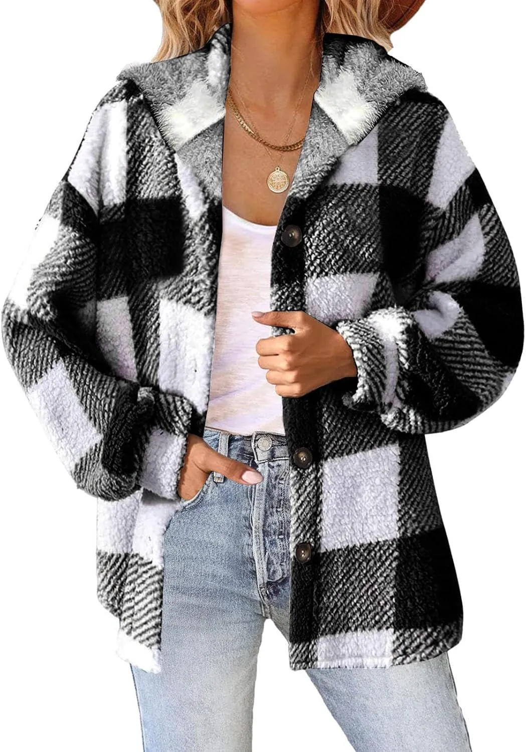 Fashion Plaid Plush Winter Coats for Women Button Hooded Jackets Long Sleeve Pullover Plus Size Shacket Jacket