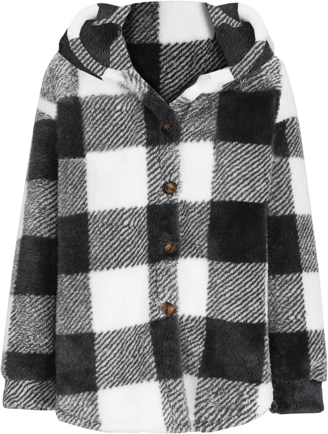 Fashion Plaid Plush Winter Coats for Women Button Hooded Jackets Long Sleeve Pullover Plus Size Shacket Jacket